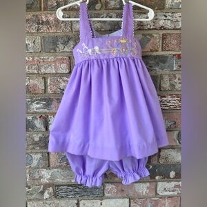 The Proper Peony Purple Embroidered Baby Dress with Bloomers